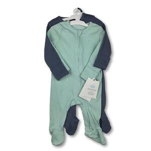 Cloud Island 2-Pack Ribbed Footed Sleepers – Mint & Navy – Size 0-3M